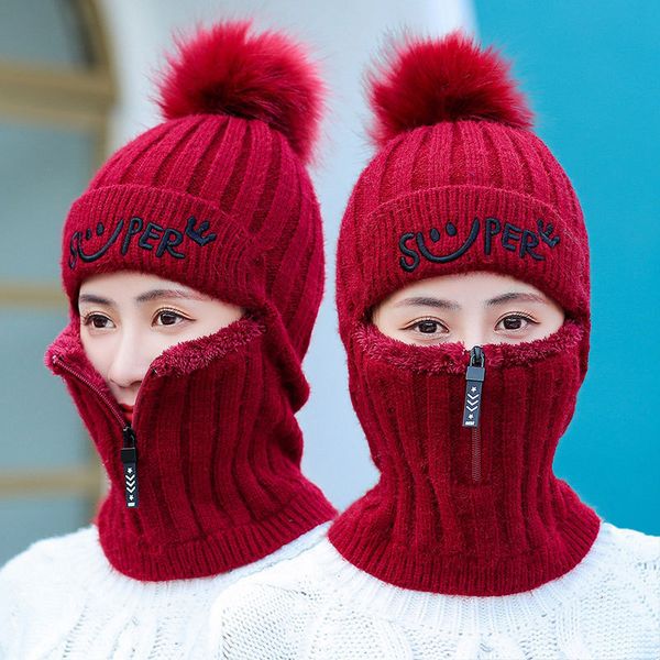 

autumn winter women's hat knitted plus velvet warm windproof ear protection one-piece hats gorros mujer invierno beanie bonnet, Blue;gray
