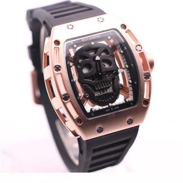 

boyuheng baterry 43mm gold hollow skull skeleton dial mens watches transparent quartz movement tonneau wristwatches, Slivery;brown