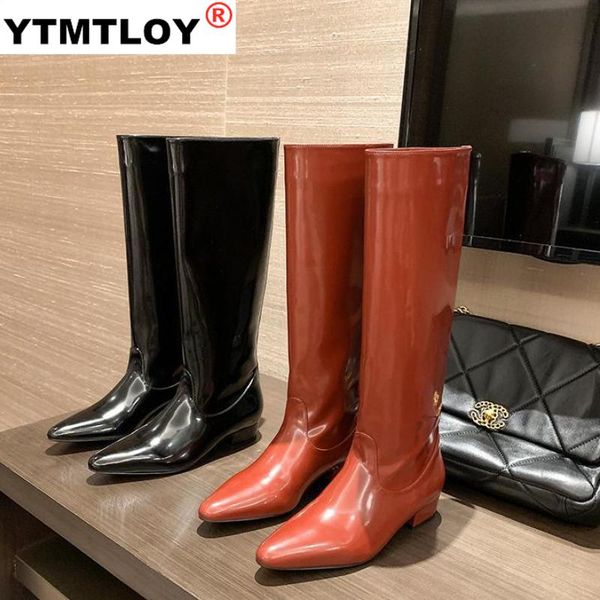 

women knee boots round toe fashion patent fashion boots woman ladies side zipper knee botas winter shoes woman thick heels, Black