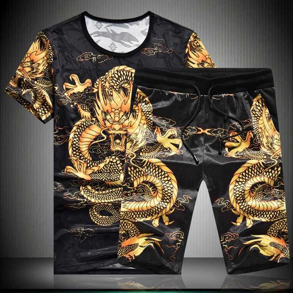 

batmo 2020 new arrival summer ice silk printed dragon t-shirts sets men,men's shorts sets plus-size -7xl 192, Gray