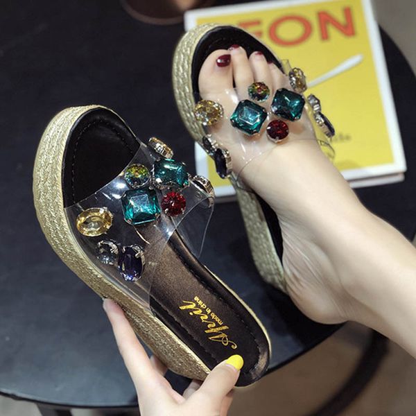 

wedges slippers women multicolor crystal clear band slides flip flops cool transparent platform sandals shoes women muffins 2020, Black