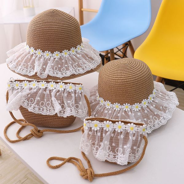 

beixing001 родителя-ребенок ребенка девушки случайных кружев дискеты соломенной шляпе лето ребенок ребенок праздник 2pcs набор пляж вс шляпа, Yellow