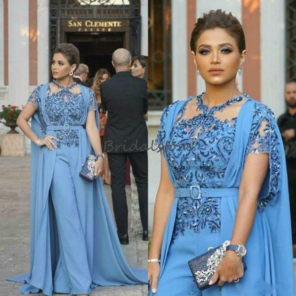 

new fashion blue evening dresses jumpsuits with beaded crystal formal celebrity african prom dresses with wraps 2020 long formal party wear, Black;red
