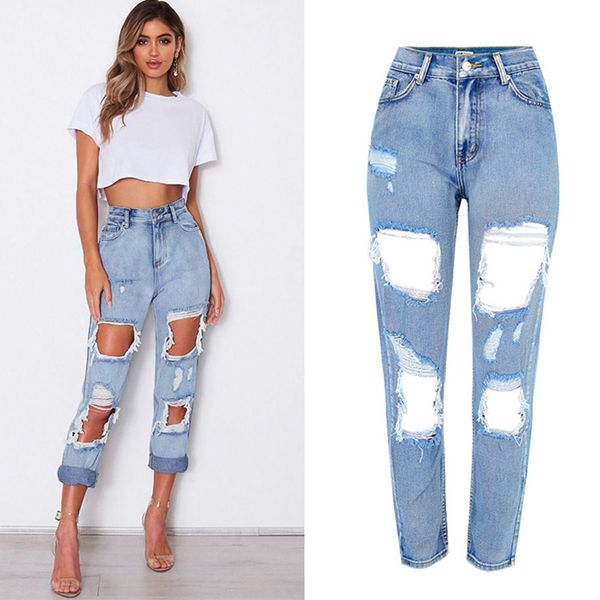 

women casual jeans high waist hole ripped destroy jeans pants women, Blue