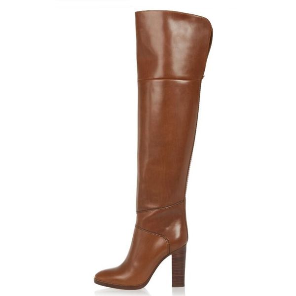 

new arrival women long boots chunky high heel knee high boots for girls fashion round toe brown winter big size 43, Black