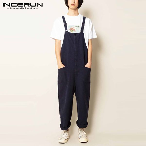 

men's pants men vintage jumpsuits fashion cotton long bib incerun solid cargo joggers loose buttons overalls suspenders plus size, Black