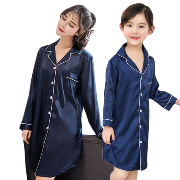 

mother daughter shirt dress pajamas cardigan nightdress pink navy family matching robes silk sleepwear 2020 new casual homewear, Blue