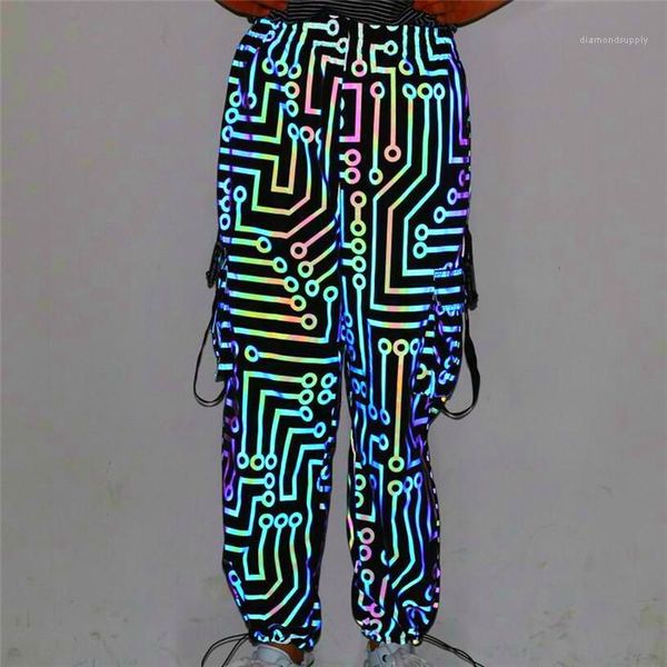 

весна осень hip hop сыпучие карман pant женщин высокой моды street брюки женские красочные светоотражающий штанах женщина, Black;white