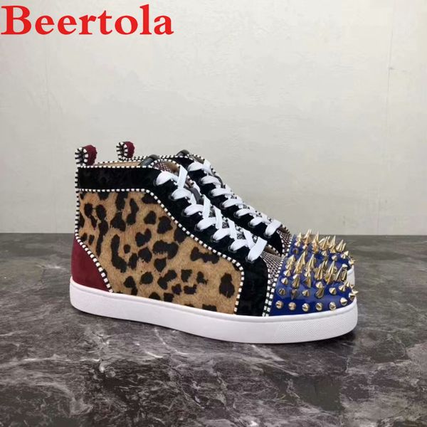 

beertola new casual men shoes leopard pattern head studded spikes mixed color leisure flats shoes men patchwork zapatos hombre, Black