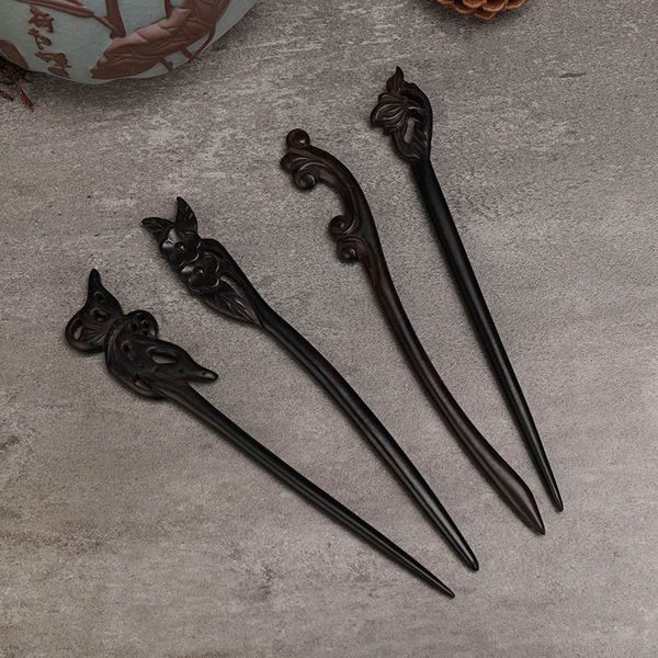 

new vintage black sandalwood handmade carved women girls hanfu dress cheongsam hairpins jewelry coiled hair styling accessories, Golden;silver