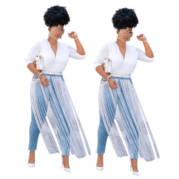 

dropshipping autumn winter womens designer pencil jeans skinny long tassel solid color high waist trousers casual female clothing, Blue