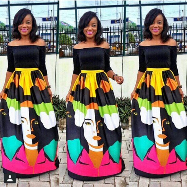 

summer creative face 2pcs sets slash neck pullover long skirt clothing sets designer high waist two piece dress women, White