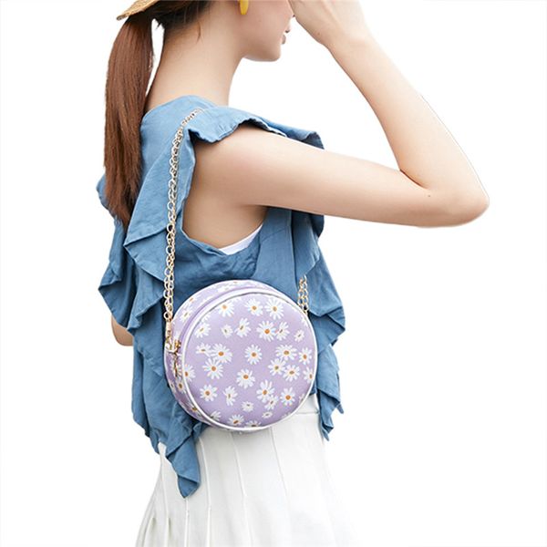 

women daisy chrysanthemum print shoulder bag handbags hardware chain strap messenger bag round zipper crossbody lady handbag