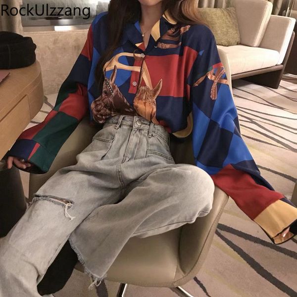 

harajuku printing long sleeve button outfit women blouse korean high streetwear fashion shirt autumn turndown blusas, White