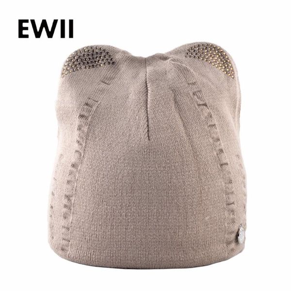 

cute winter cap with ears cat hat for women beanies skullies women knitted wool caps girl rhinestone beanie hats bonnet femme, Blue;gray