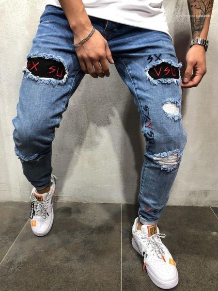 

summer spring skinny embroidery letter blue pencil pants hiphop street jeans washed holes mens designer jeans