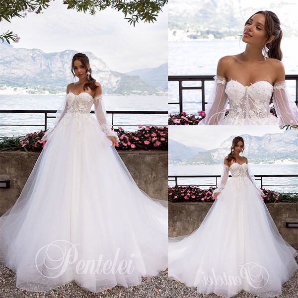

bohemia beach a-line wedding dresses with long sleeves sweetheart lace appliqued sequins bridal gown custom made vestidos de novia, White