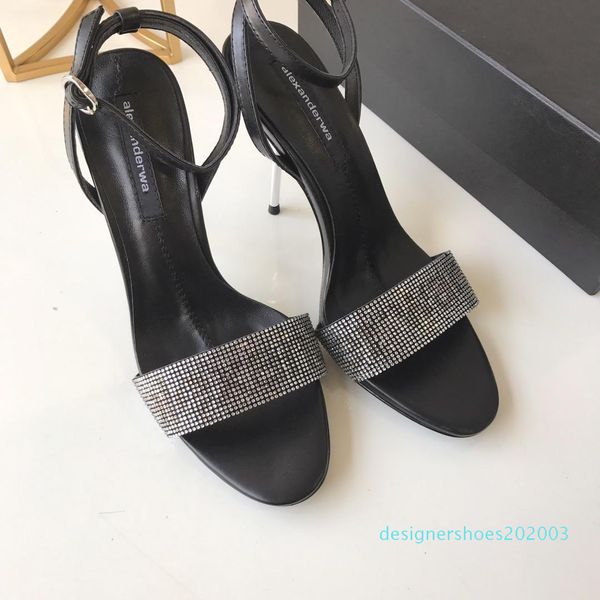 

2020 new arrival luxury designer women metal stiletto diamond upper narrow band high-heeled 9cm sandals s03, Black