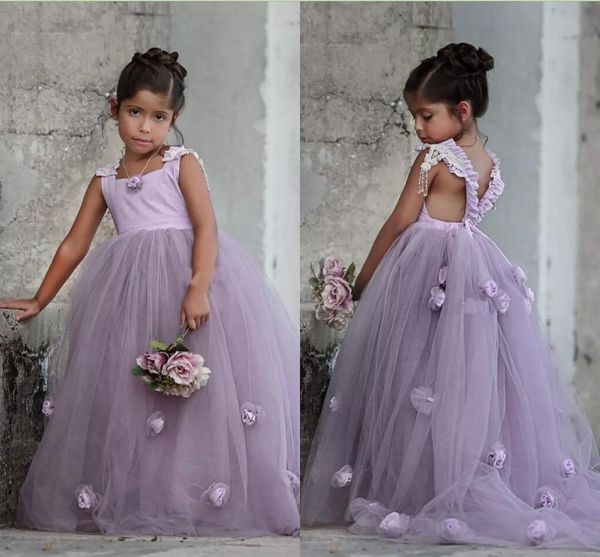 Lavendel 2021 Tüll Kleines Mädchen Festzug Party Ballkleid Falten Blumenmädchenkleider Sweep Zug Kinder Erstkommunion Kleid AL5752