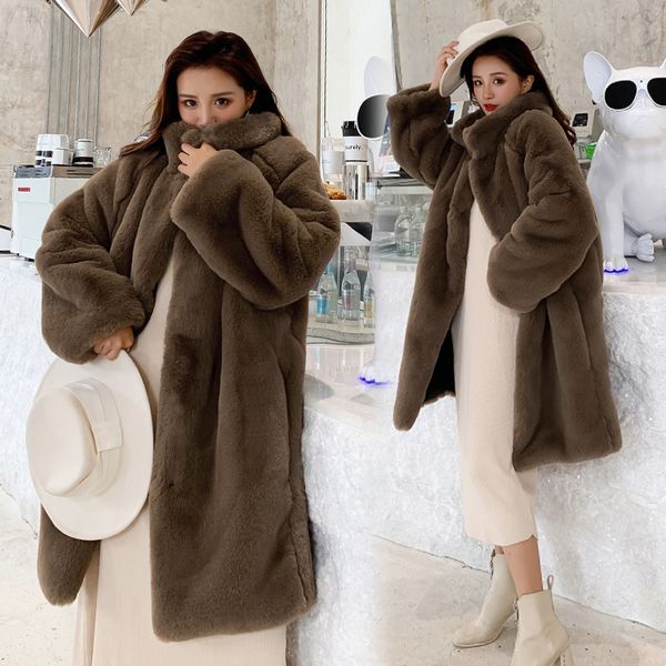 

winter faux coat women winter long coat female thick warm faux fur jacket ladies loose plush oversized, Black