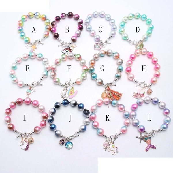 

styles kids jewelry bracelet colorful beads love heart rainbow charms bracelet cute design princess bracelet for girl jewelry gift, Red;brown