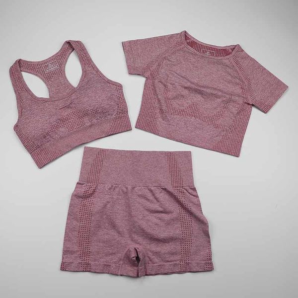 

seamless yoga set women gym workout clothes sports bra+short sleeve fitness crop high waist legging shorts 3pcs sports suits, White;red