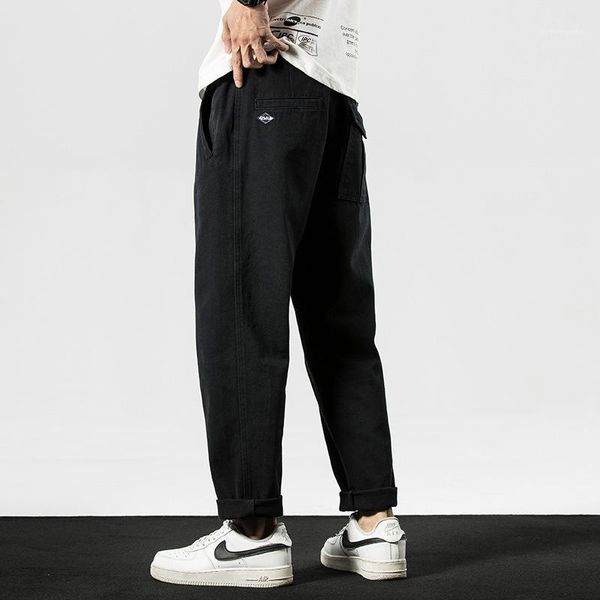 

pocket overalls male designer casual bottom clothes spring mens loose ribbon straight tooling pants solid color, Black