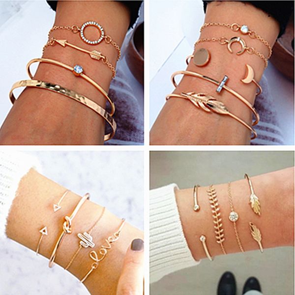 

fashion punk gold chain moon leaf crystal geometry open bracelet set women charm beach jewelry wholesale 1set, Red;blue