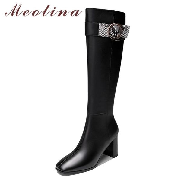

boots meotina winter knee high women natural genuine leather zip thick heel long buckle square toe shoes lady size 39, Black