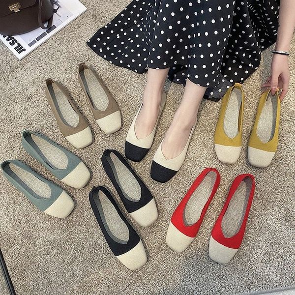 

2020 new women slip on loafers ballerina patchwork flats square toe shallow ballet flats shoes knitting casual flat shoes, Black