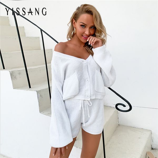 

yissang off shoulder pocket shorts pant knitted suit 2 piece set women long sleeve autumn casual tracksuit matching set overalls, Black;white