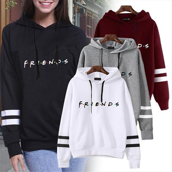 

womens friends printed hoodies casual loose autumn striped long sleeve hooded sweatshirts fleece warm street sports pullovers, Black