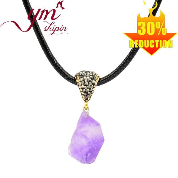 

unique natural gem stones necklaces & pendants irregular purple clear amethysts crystal leather rope chains handmade jewelry, Silver