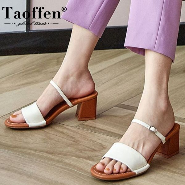 

taoffen women fashion sandals summer square heels metal buckle shoes women high-quality genuine leather footwear size 34-40, Black