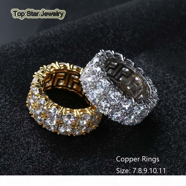 

new style real copper rings chiny 2 rows cubic zirconia punk finger accessories for men hip-hop trendsetter rock rapper jewelry gold silver