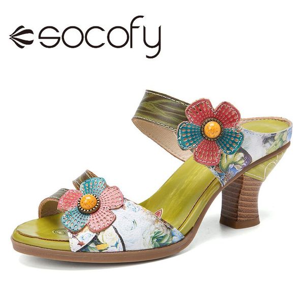 

socofy retro bohemia sandals retro floral painted floral slip on mules chunky heel sandals women shoes botas mujer 2020, Black