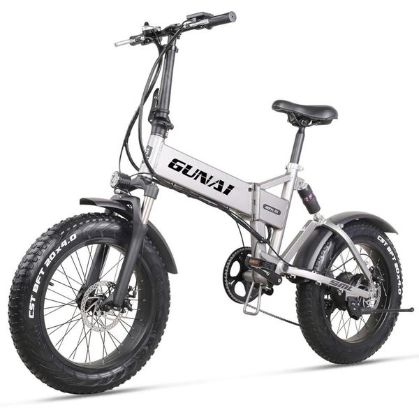 

gunai 20 inch electric bike 500w 48v 12.8ah lithium battery folding mountain bike with rear seat and disc brake, Silver;blue