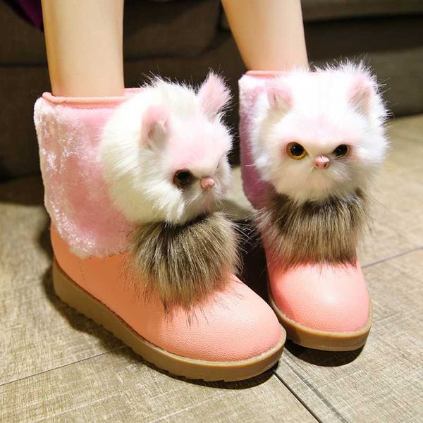 

2020 winter women's shoes cute cat crystal pink black flats platform ankle boots warm snow furry boots female fashion booties