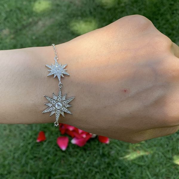 

victoria weick luxury jewelry cute real 925 sterling silve pave mirco white sapphire cz diamond gemstones wedding women star bracelet gift, Golden;silver