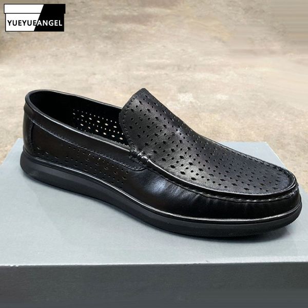

men summer shoes 100% genuine leather business casual hollow out shoes breathable black cowhide flat sneakers