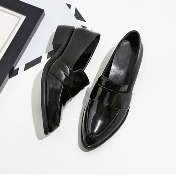 

stylish japanned leather flats loafers women shoes cozy slip on pointed toe scarpe joker brief business ladies sewing work shoes, Black
