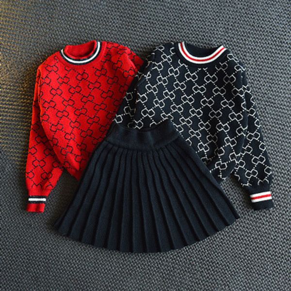 

girls 2020fw new suits girls fashion two-piece suit sweater + pleated miniskirt new trendy geometric print sets girls casual skirt sets, White
