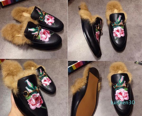

new mules princetown men womens fur slippers mules flats genuine leather designer fashion metal chain ladies casual shoes us 5-12 l14, Black