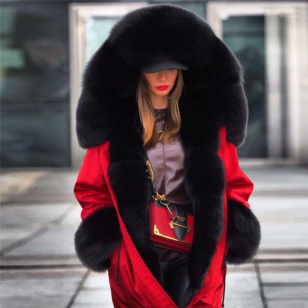 

fur designer warm down coats windbreaker women winter long parkas thick, Black
