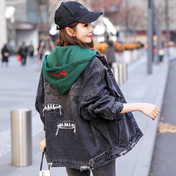 

hip hop oversized denim jackets women big hole embroidery letters loose casual fashion streetwear hoodie jeans coats 2020, Black;brown