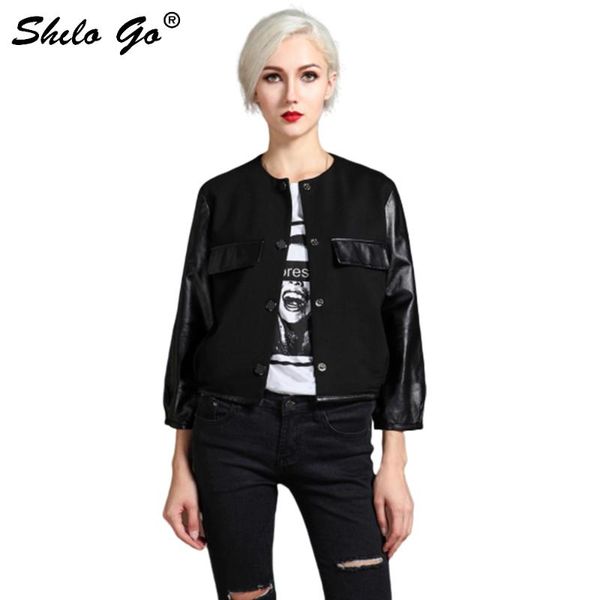 

casual leather jacket women spring loose puff sleeve spliced sheepskin genuine leather coat front pocket single breasted jacket, Black;brown