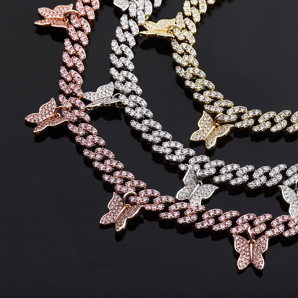 

Copper Material Luxury Hiphop Jewelry Fully Iced Out Cuban Link Bracelet Butterfly Charm Miami Bracelet