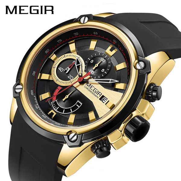 

megir chronograph men sport watch male silicone automatic date quartz watches mens waterproof relogio masculino, Slivery;brown