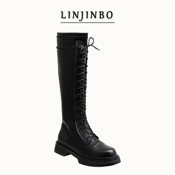 

cross straps high boots women black flat platform knee boots female british style stretch boots women big size women shoes 2020