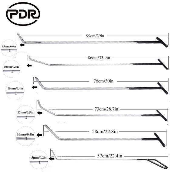 

6 pcs/set pdr push rods set paintless dent repair tools rods for car dent remover puller hail damage repair kit